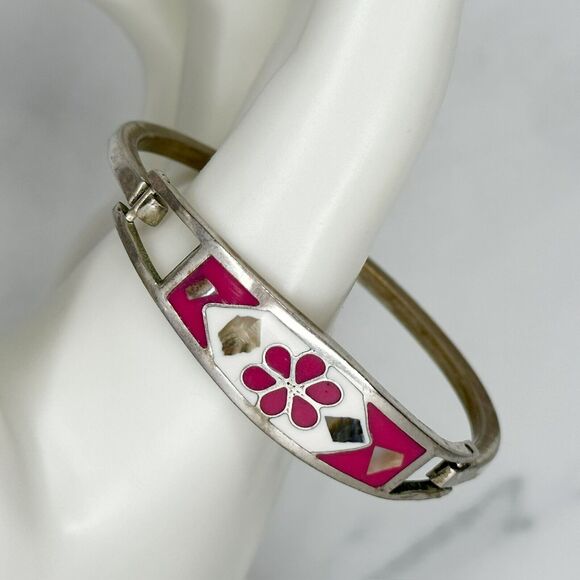 Vintage Silver Tone Abalone Shell Flower Inlay Hinge Child's Bangle ✨ - Picture 1 of 10